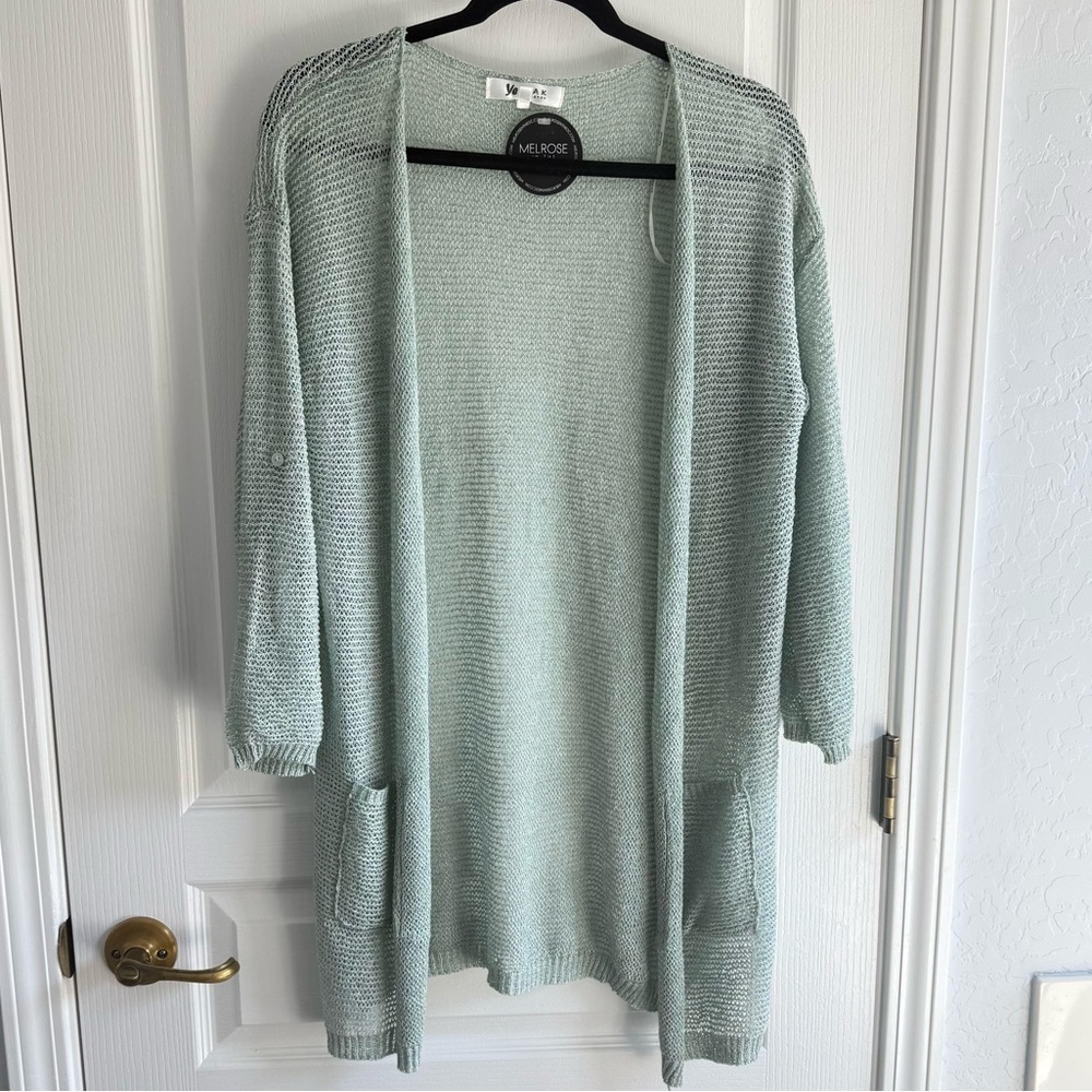 NWT Yemak Knit Sweater Lightweight Open-Front Summer Pockets Pale Jade M/L